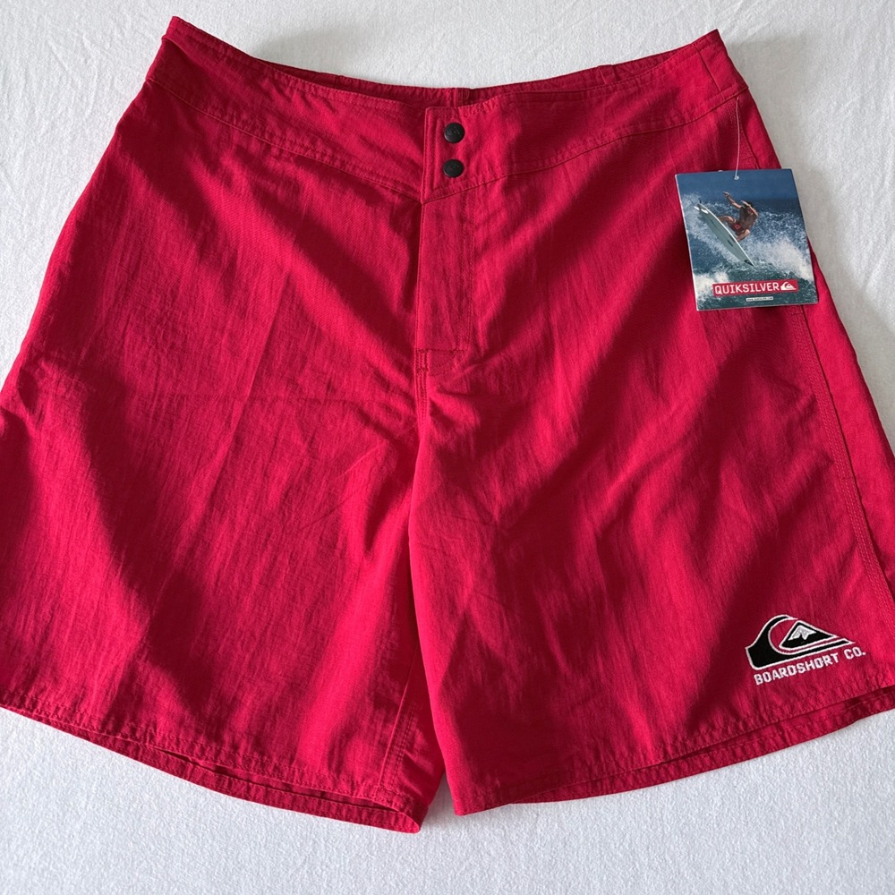 Vintage Deadstock Quiksilver Board Shorts Mens 34 Y2K Red Embroidered Surfer